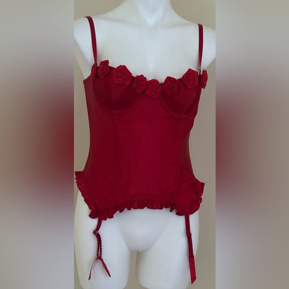 FREDERICKS OF HOLLYWOOD Sweet Heart Red Rose Corset W/Garters & Hooks Sz 36